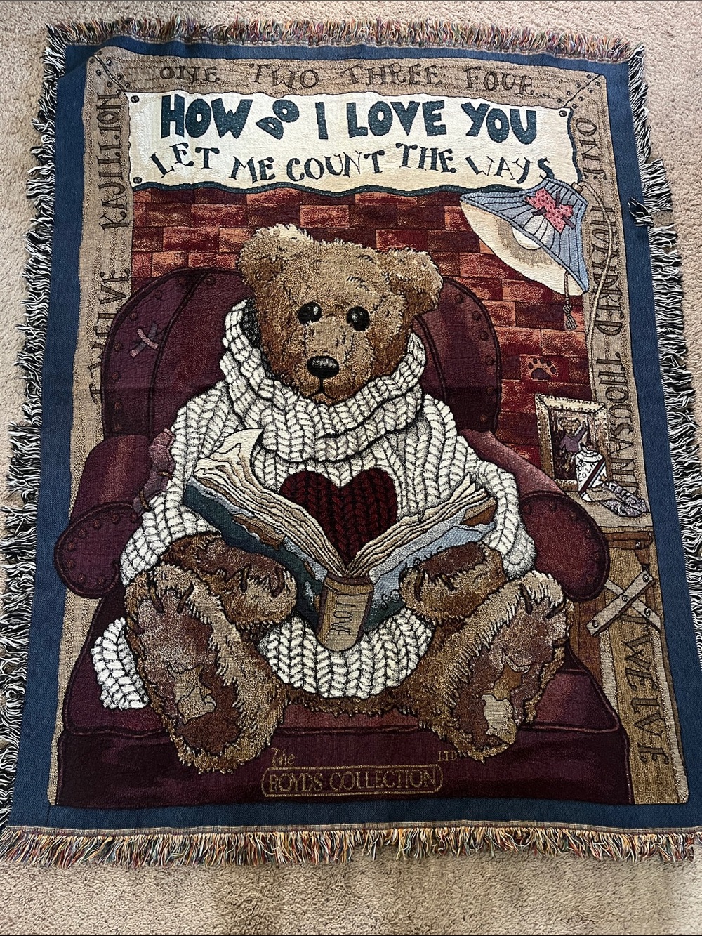 Boyds Bears Collection Woven Tapestry Throw - “How Do I Love You”